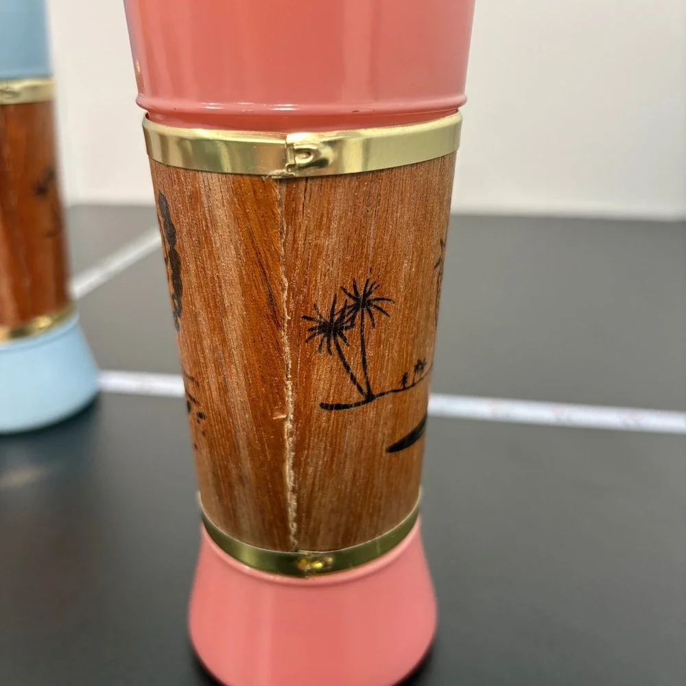 Vintage Siesta Ware Tiki Tumblers 6.5in Multi Color Genuine Mahogany Wood Set 4